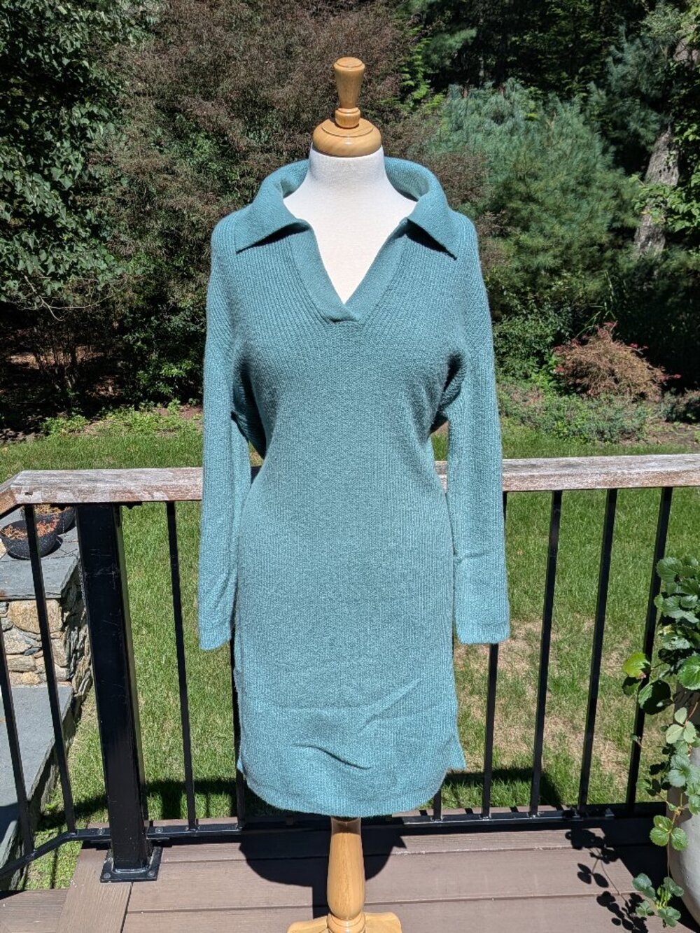 Treasure & Bond Teal Midi Sweater Dress Ribbed Collar V-Neck Size M
